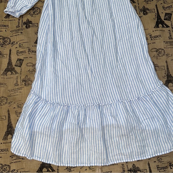 Saks Fifth Avenue 100% Linen Blue White 3/4 Sleeve Off Shoulder Maxi Dress - Picture 11 of 16